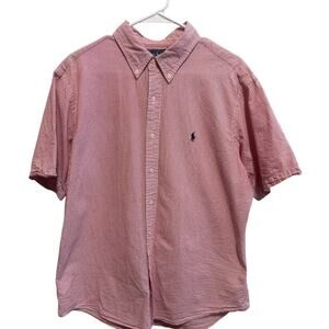 Ralph Lauren Red White Seersucker Button Down Short Sleeve Classic Fit Sz XL